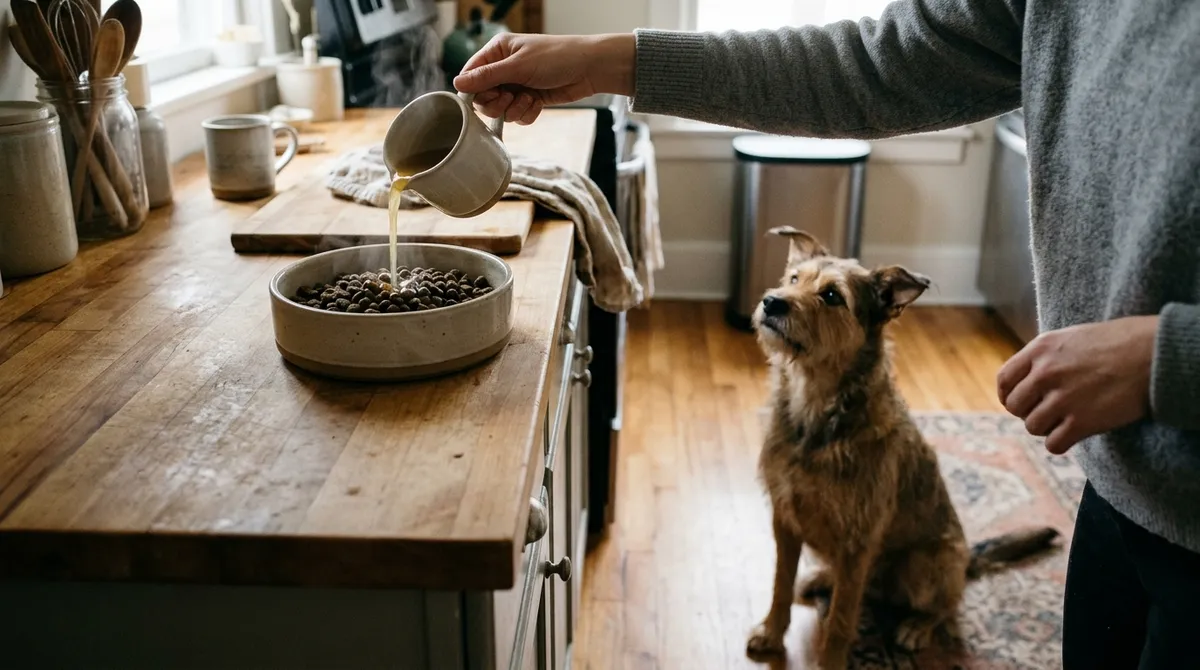 A little unseasoned homemade broth or warm water over the kibble, for a short time and in a dog with no other signs