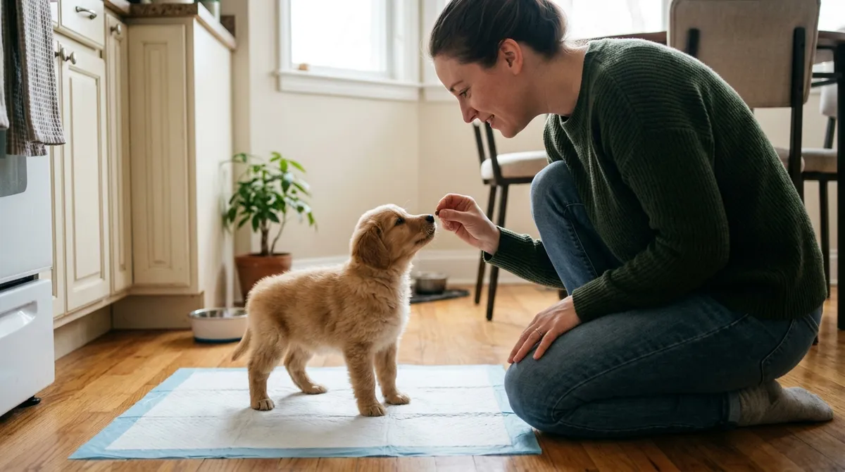 The treat arrives in the first few seconds, still on the pad: that is how he connects the reward to the spot