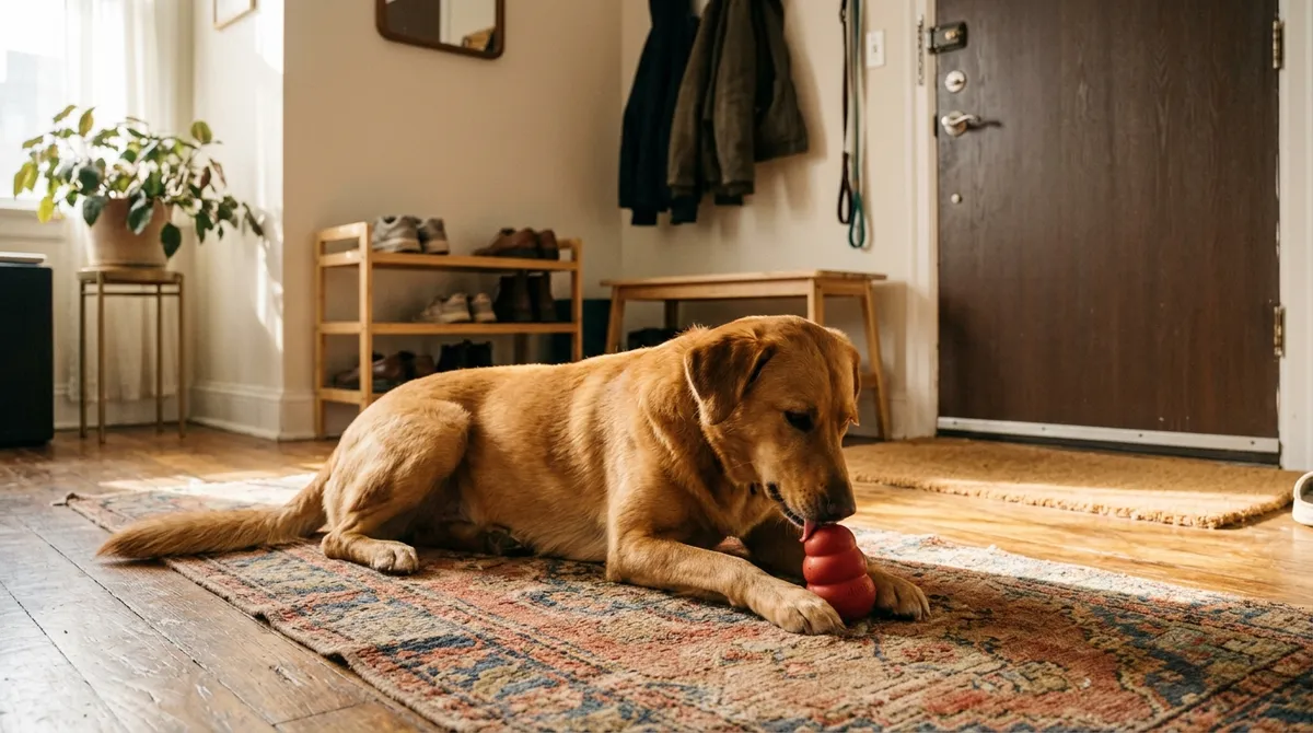 A stuffed toy that lasts 20 to 30 minutes helps the dog get through the start of the absence