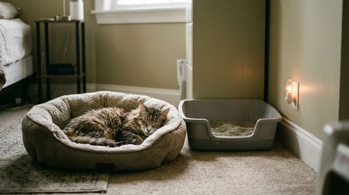 A low-rim litter box next to the bed and dim light at night help the older cat find its way in the small hours