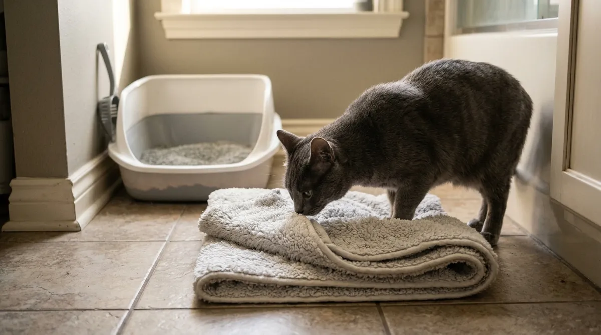 A cat that likes fabric: take the rugs off the floor for a while and offer a fine, soft litter