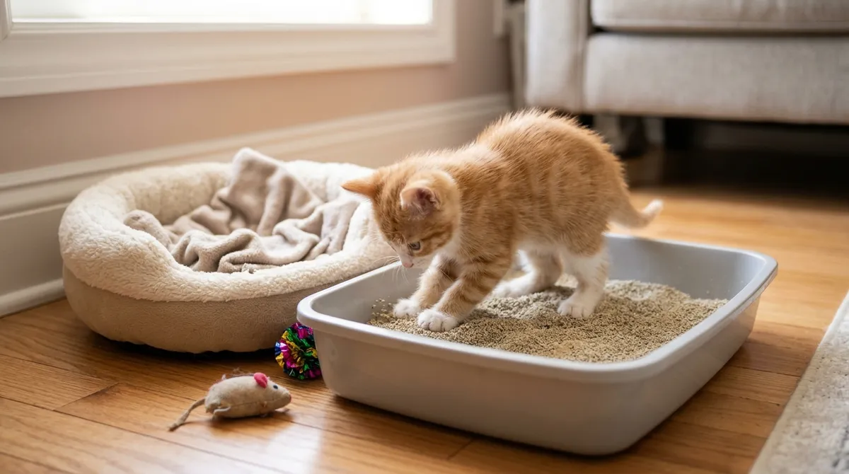 For a kitten, a low-sided box near where he sleeps and plays