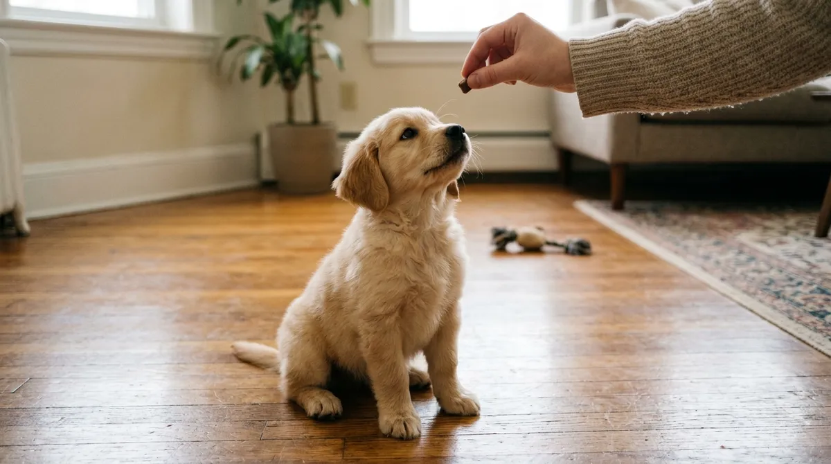 Teaching the puppy to sit to ask for things gives him a way to communicate without crying