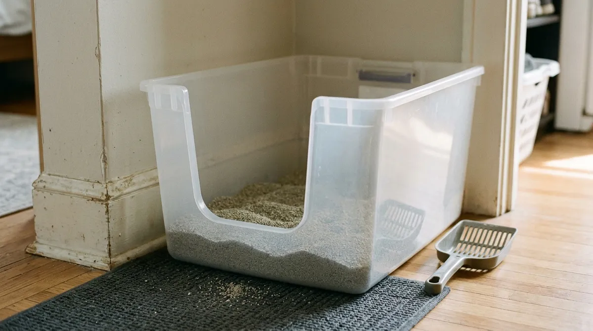 A large storage bin, with a low entrance and not much litter, often pleases cats more than many pet store boxes