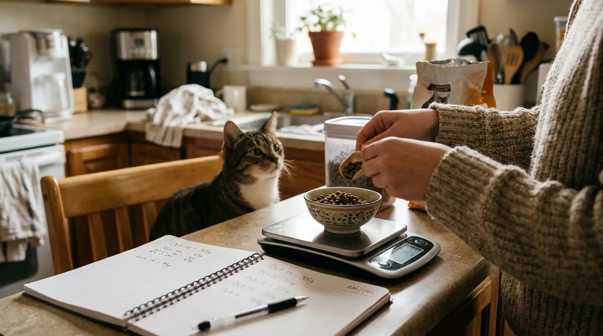 Weighing the portion and what's left over shows how much your cat is really eating