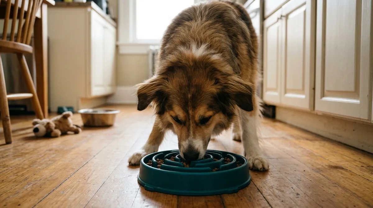 A slow feeder and smaller portions help a dog that eats too fast and brings the kibble back