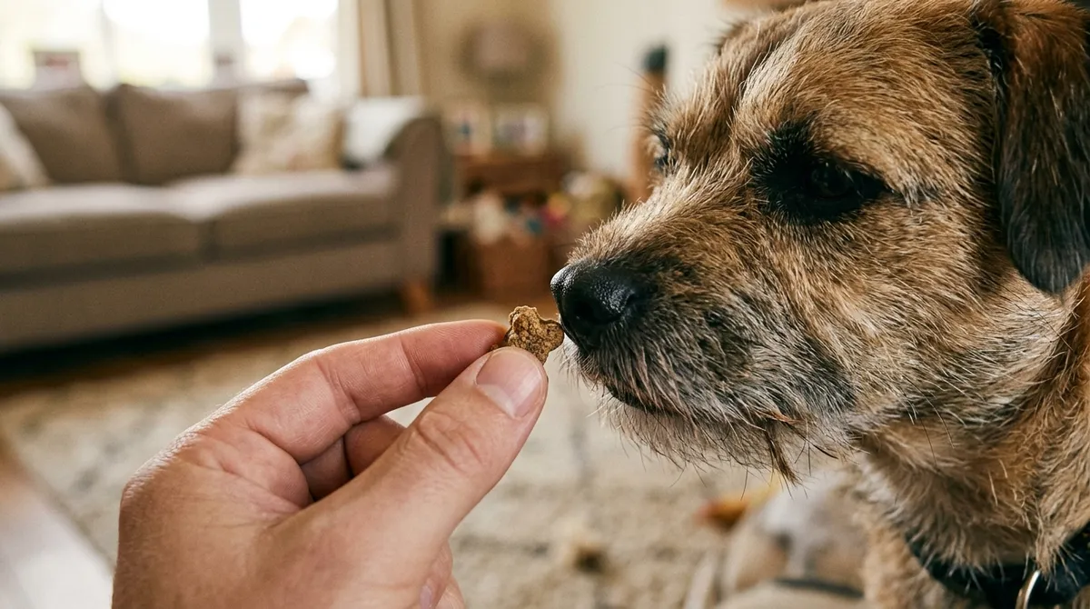 With the treat near his nose, the dog stops barking to sniff, and that silence is what earns the reward