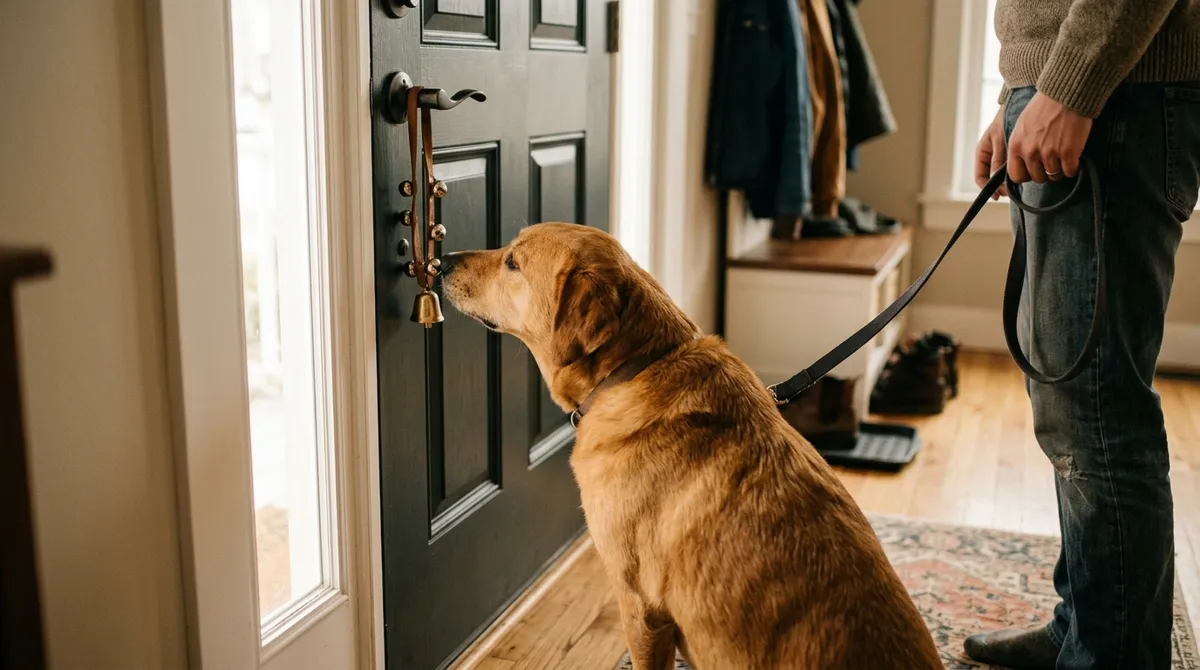 A small bell on the doorknob teaches the dog to let you know when he wants to go out to pee