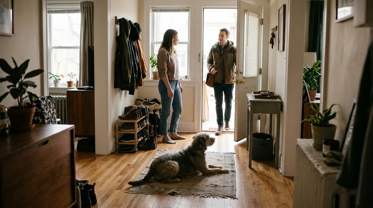 The spot is about 8 feet (2.4 meters) from the door, where the dog can see who's coming