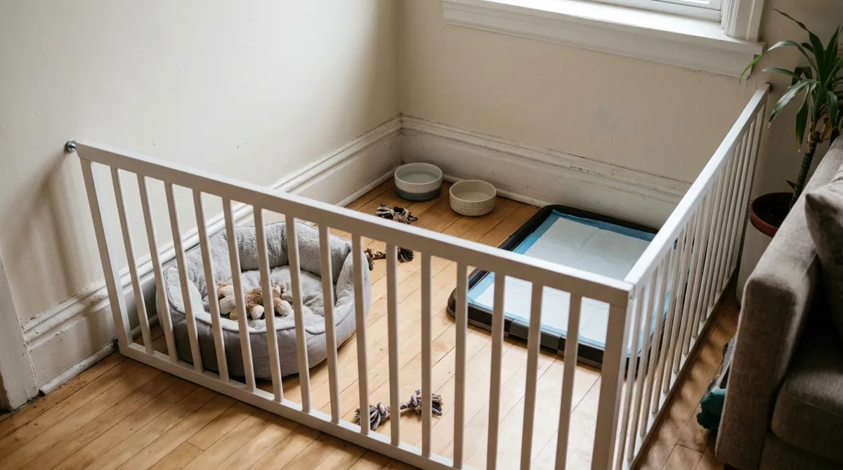 Bed on one side, pad on the other: the confined space is where the puppy stays when nobody can watch