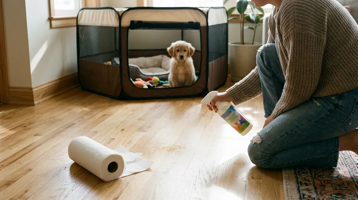 Cleaning quietly and with an enzymatic cleaner keeps the smell from calling the dog back to the same corner