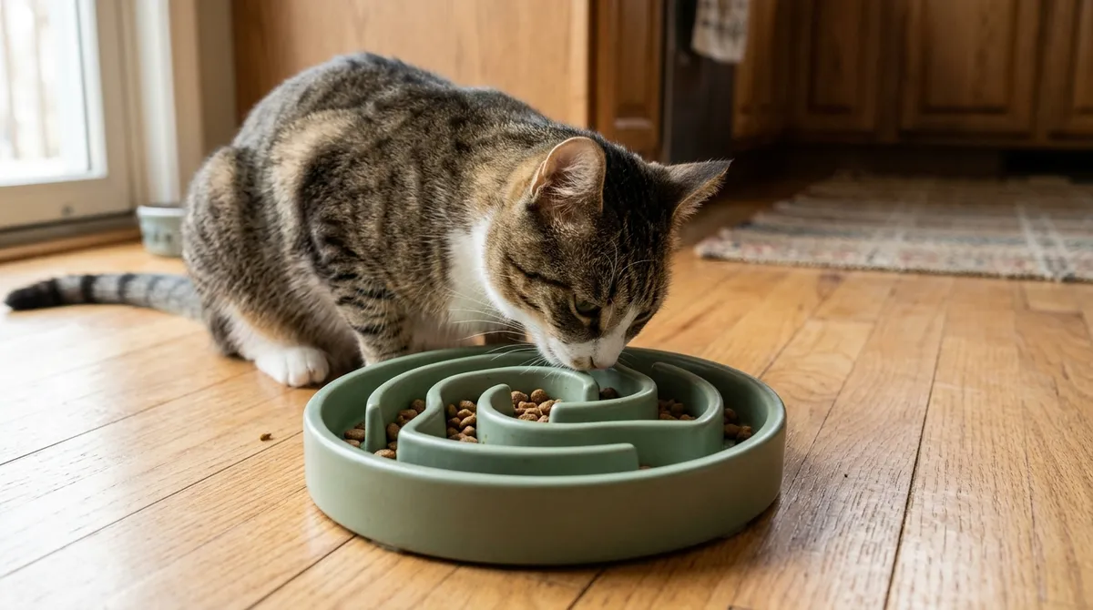 A slow feeder and smaller portions are the first test for a cat who gives back her whole meal