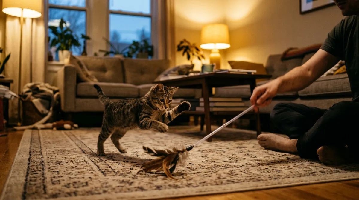 Ten minutes with the wand before bed, then the last meal: the cat hunts, eats and switches off
