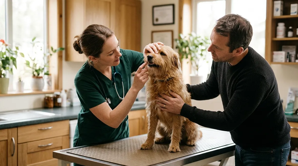 At the visit, the vet examines the whole dog, mouth and belly included, and decides whether tests are needed