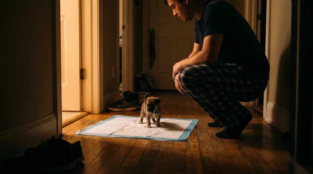 Crying in the middle of the night? Before anything else, take the puppy out to pee, with no fuss and no play