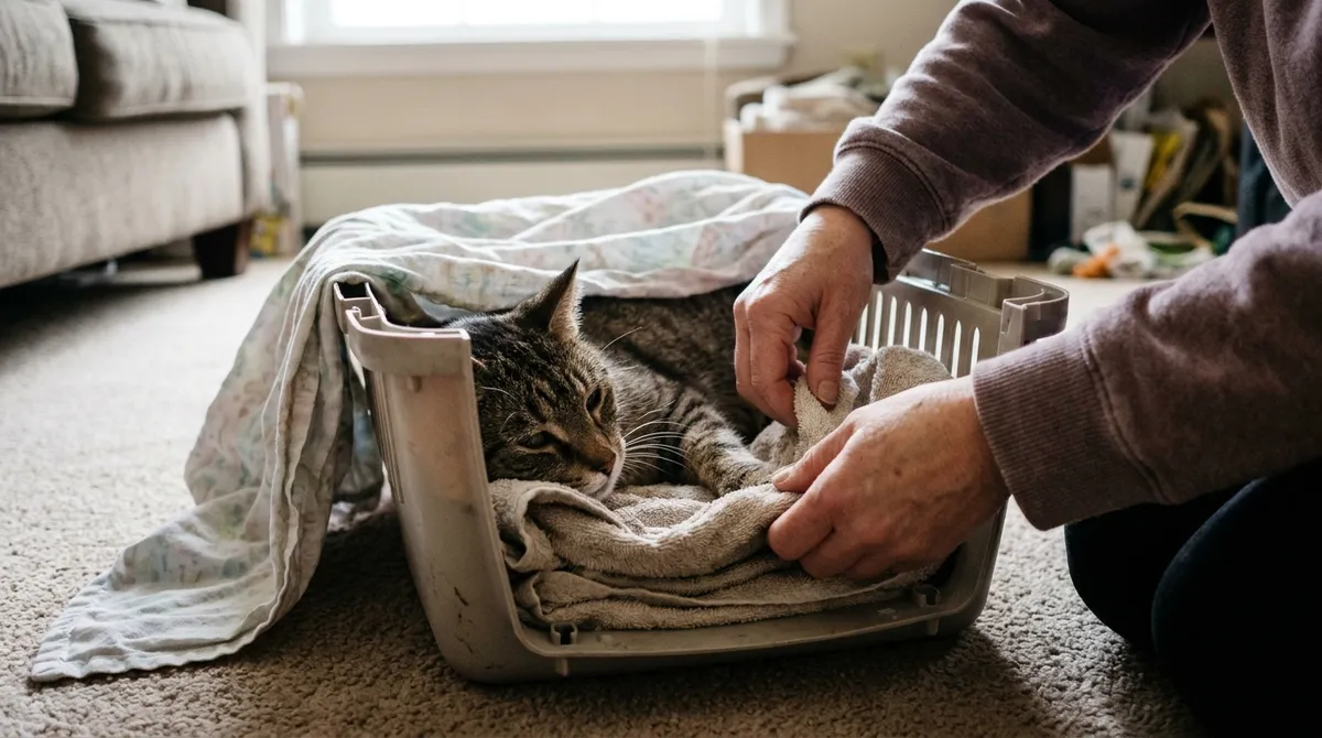 A very weak cat travels lying on a towel, without firm restraint, with the carrier covered to keep it dark