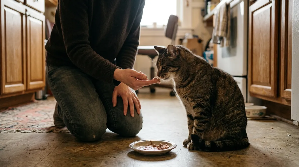 A little food, warm, in a shallow bowl or on a fingertip: what helps until the appointment
