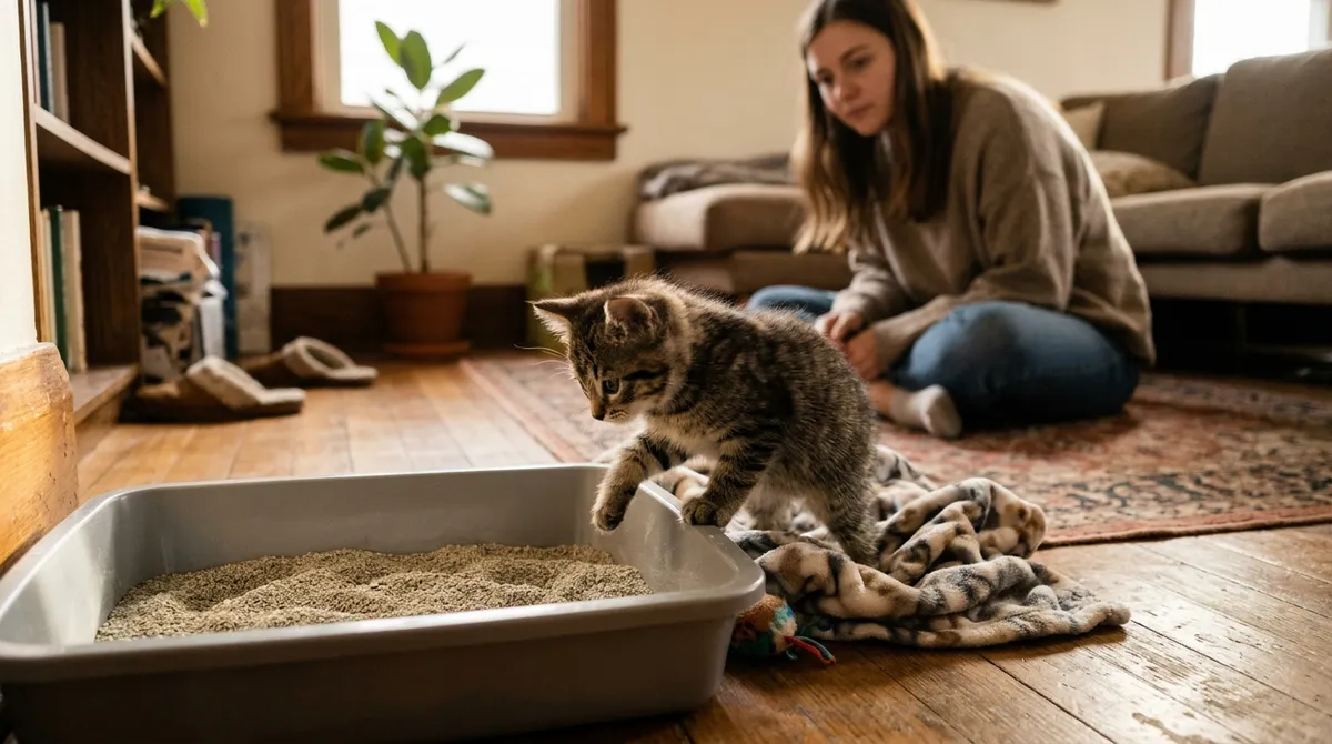 A kitten learns with a low box, near where it spends its time, and with nobody pushing